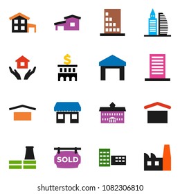 solid vector icon set - house hold vector, university, school building, bank, office, dry cargo, warehouse, cottage, sold signboard, factory
