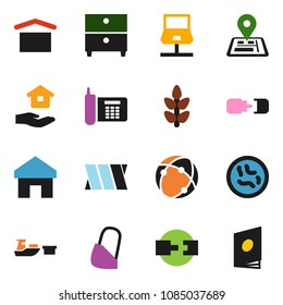 solid vector icon set - house hold vector, archive, cereals, navigator, phone, port, dry cargo, microbs, bandage, connection, notebook network, home, catalog