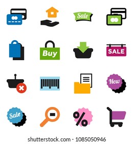 solid vector icon set - house hold vector, credit card, cargo search, estate document, sale signboard, new, shopping bag, percent, buy, barcode, basket, cart