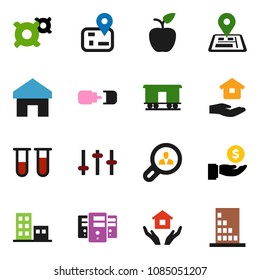 solid vector icon set - house hold vector, apple fruit, investment, any currency, navigator, Railway carriage, settings, vial, server, home, connection, apartments, client search, building