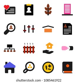 solid vector icon set - house hold vector, personal information, hierarchy, cereals, heart monitor, dry cargo, settings, microbs, home, connection, client search, heating, building, catalog