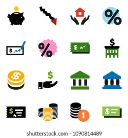 solid vector icon set- house hold vector, bank, crisis, piggy, investment, coin stack, check, building, dollar, percent