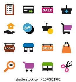 solid vector icon set - house hold vector, cart, office, cargo search, sale signboard, rooms, sold, credit card, shopping bag, market, basket, list, coupon