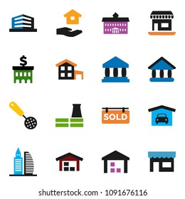 solid vector icon set - house hold vector, skimmer, university, bank, building, office, warehouse, cottage, garage, barn, sold signboard, factory, store