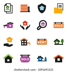 solid vector icon set - house hold vector, cottage, chalet, estate document, rent signboard, sold, apartments, search, home protect