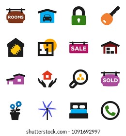 solid vector icon set - house hold vector, cottage, windmill, garage, barn, plan, sale signboard, rooms, sold, client search, key, lock, smart home, flower in pot, phone