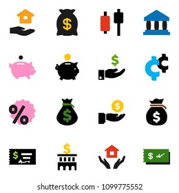 solid vector icon set - house hold vector, bank, money bag, piggy, investment, check, building, cent sign, percent