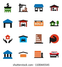 solid vector icon set - house hold vector, bank, building, muscule hand, office, dry cargo, warehouse, chalet, garage, barn, sold signboard, apartments, construction crane, mall