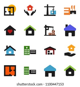 solid vector icon set - house hold vector, school building, hospital, home, barn, plan, love, construction crane, mall