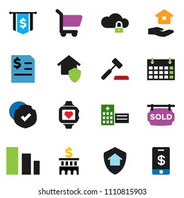 solid vector icon set - house hold vector, annual report, bank building, dollar flag, heart monitor, calendar, sorting, protected, hospital, cloud lock, sold signboard, home protect, cart, auction