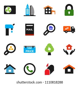 solid vector icon set - house hold vector, cottage, mailbox, water supply, fruit tree, low price signboard, office building, search estate, client, lock, relocation truck, air condition, phone, home