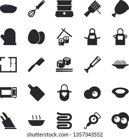 Solid vector icon set - house layout flat vector, spring balance, apron, potholder, whisk, towel, knives, cutting board, microwave, double boiler, blender, egg, spaghetti on a fork, dish, soup, ham