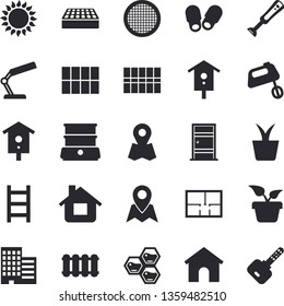 Solid vector icon set - house layout flat vector, Entrance door, skyscraper, tile, brick, heating batteries, gas, mixer, double boiler, blender, sieve, honeycomb, nesting box, home plant, ladder