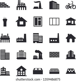 Solid vector icon set - house flat vector, brick wall, window, skyscraper, factory, manufactory, plant, hospital, office building, airport tower fector, bicycle, hotel, taxi