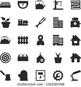 Solid vector icon set - house flat vector, sink, skyscraper, switch box, repair, brick, warm floor, teapot, potholder, turk, induction cooker, toaster, blender, food processor, home plant, crane