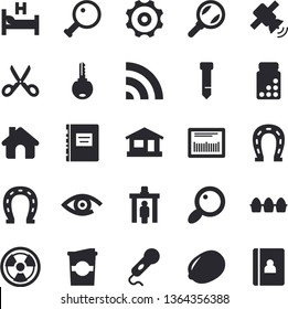 Solid vector icon set - house flat vector, scissors, lemon, egg, coffe, horseshoe, radiation, magnifier, barcode, hospital bed, tie, satellit, textbook, cogwheel, vitamins, control gate fector, eye