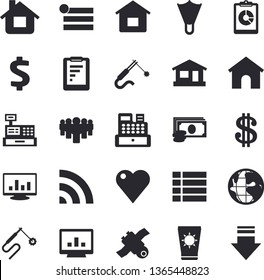 Solid vector icon set - house flat vector, welding, earth, graphic report, cash, dollar, team, machine, heart, computer chart, satellit, sun protection cream fector, flippers, menu, broadcast