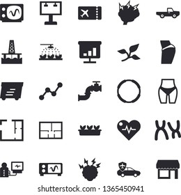 Solid vector icon set - house layout flat vector, pickup truck, sprinkling machine, seedlings, oil production platform, main pipeline, tree leaf, autopilot, billboard, scatter chart, diagnostics