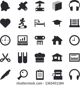Solid vector icon set - house flat vector, cook hat, scissors, well, barcode, heart, clipboard, hospital bed, clock, abacus, sticker, book, pen, satellit, computer, bachelor cap, magnifier, bell
