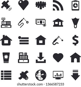 Solid vector icon set - house flat vector, welding, earth, graphic report, cash, dollar, team, machine, heart, computer chart, satellite, sun protection cream, flippers, menu, broadcast