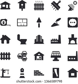 Solid vector icon set - house flat vector, brick wall, trowel, tape measure, toilet, layout, Entrance door, sockets, putty knife, honeycomb, nesting box, fireplace, solar battery, manufactory, crane