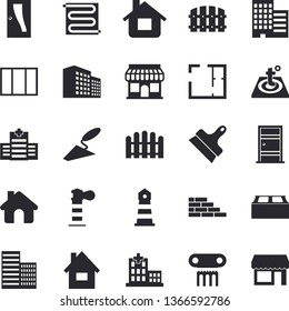 Solid vector icon set - house flat vector, brick wall, window, trowel, layout, Entrance door, skyscraper, putty knife, warm floor, fence, store front, lighthouse, hospital, office building, shop