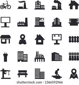 Solid vector icon set - house flat vector, skyscraper, heating batteries, bench, gas station, factory, manufactory, plant, crane, store front, billboard, location, hospital, office building, hike