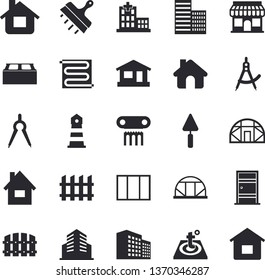 Solid vector icon set - house flat vector, window, trowel, Entrance door, skyscraper, putty knife, brick, fence, warm floor, greenhouse, dividers, store front, lighthouse, hospital, office building