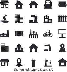 Solid vector icon set - house flat vector, skyscraper, heating batteries, bench, refueling, factory, manufactory, plant, crane, store front, billboard, location, hospital, office building, hike