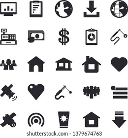 Solid vector icon set - house flat vector, welding, earth, graphic report, cash, dollar, team, machine, heart, computer chart, satellit, sun protection cream fector, menu, broadcast, download