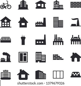 Solid vector icon set - house flat vector, brick wall, window, skyscraper, factory, manufactory, plant, hospital, office building, airport tower fector, bicycle, hotel, taxi