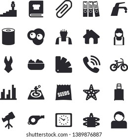 Solid Vector Icon Set - House Flat Vector, Builder, Color Scheme, Warm Floor, Faucet, Cookbook, Canned Food, Salad, Scrambled Eggs, Seeds, Phone Call, Clock, Nurse, Clip, Statistic, Folder, Meeting