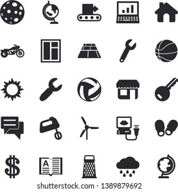 Solid vector icon set - house flat vector, window, flooring, mixer, grater, sun, rain, conveyor, wrench, store front, dollar, chat, ultrasound, moon, computer, globe, windmill, basketball, key, book