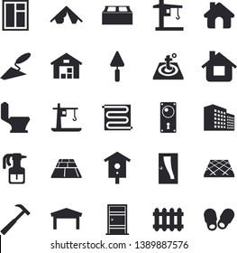 Solid vector icon set - house flat vector, window, trowel, toilet, Entrance door, lock, brick, flooring, warm floor, hammer, nesting box, pulverizer, crane, radiator, warehouse, office building