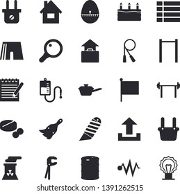 Solid Vector Icon Set - House Flat Vector, Tool, Paint Brush, Stationery Knife, Saute, Kitchen Egg Timer, Cake, Oil Tanks, Plug Socket, Metallurgy, Flag, Pills, Blood Transfusion, Notepad, Barbell