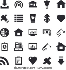 Solid vector icon set - house flat vector, welding, earth, graphic report, cash, dollar, machine, heart, computer chart, satellit, sun protection cream fector, flippers, menu, broadcast, download
