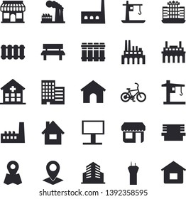Solid vector icon set - house flat vector, skyscraper, heating batteries, bench, factory, manufactory, plant, crane, store front, billboard, location, hospital, office building, airport tower fector