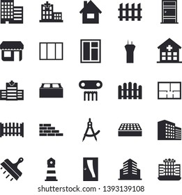 Solid vector icon set - house flat vector, brick wall, window, layout, Entrance door, skyscraper, putty knife, fence, dividers, store front, lighthouse, hospital, office building, airport tower