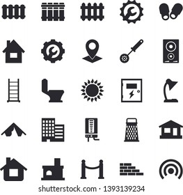 Solid Vector Icon Set - House Flat Vector, Brick Wall, Ladder, Toilet, Skyscraper, Switch Box, Repair, Heating Batteries, Boiler, Kitchen Spoon, Induction Cooker, Gas, Grater, Fireplace, Radiator