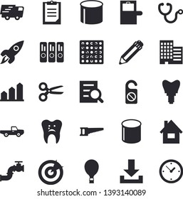 Solid vector icon set - house flat vector, skyscraper, pickup truck, saw, main pipeline, pipe production, trucking, stethoscope, caries, implant, clipboard, magnifier, folder, target, pencil, rocket