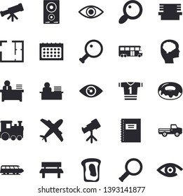 Solid vector icon set - house layout flat vector, induction cooker, donut, sandwich, pickup truck, bench, magnifier, calendar, eye, office worker, notebook, telescope, brain fector, sport T shirt