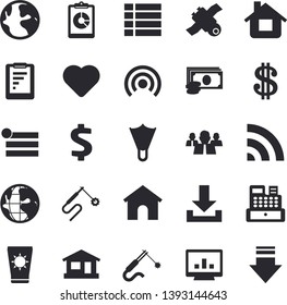 Solid vector icon set - house flat vector, welding, earth, graphic report, cash, dollar, team, machine, heart, computer chart, satellit, sun protection cream fector, flippers, menu, broadcast