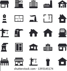 Solid vector icon set - house flat vector, window, layout, gas station, refueling, factory, manufactory, plant, crane, store front, lighthouse, warehouse, nuclear power, airport tower fector, hotel