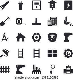 Solid vector icon set - house flat vector, cogwheel, drill screwdriver, saw, tape measure, ladder, paint roller, pipes, tile, calculator, switch box, repair, construction plummet, fence, nesting
