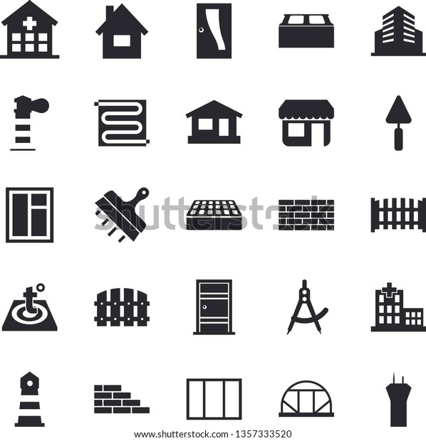 Solid vector icon set - house flat vector, brick\
wall, window, trowel, Entrance door, putty knife, fence, warm\
floor, greenhouse, dividers, store front, lighthouse, hospital,\
office building