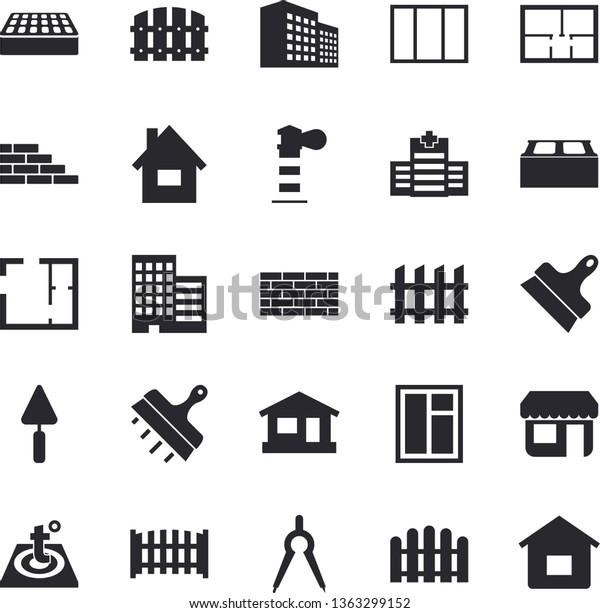 Solid\
vector icon set - house flat vector, brick wall, window, trowel,\
layout, skyscraper, putty knife, fence, warm floor, dividers, store\
front, lighthouse, office building, hospital\
fector