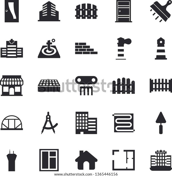 Solid vector icon set - house flat vector, brick\
wall, window, trowel, layout, Entrance door, skyscraper, putty\
knife, fence, warm floor, greenhouse, dividers, store front,\
lighthouse, airport\
tower
