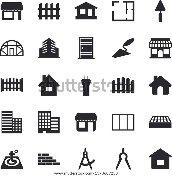 Solid vector icon set - house flat vector, brick wall,\
window, trowel, layout, Entrance door, skyscraper, fence, warm\
floor, greenhouse, dividers, store front, office building, airport\
tower 