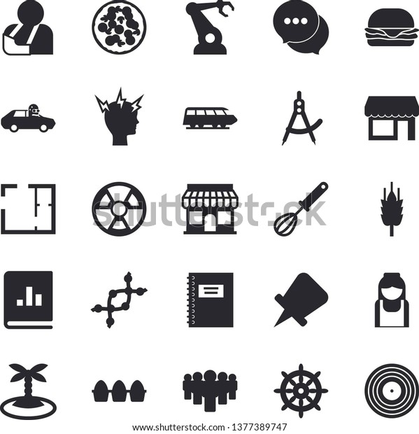 Solid vector icon set - house layout flat vector,\
whisk, egg, hamburger, pizza, ear, radiation, autopilot, robotics,\
dividers, store front, team, book balance accounting, chat, injury,\
headache, dna