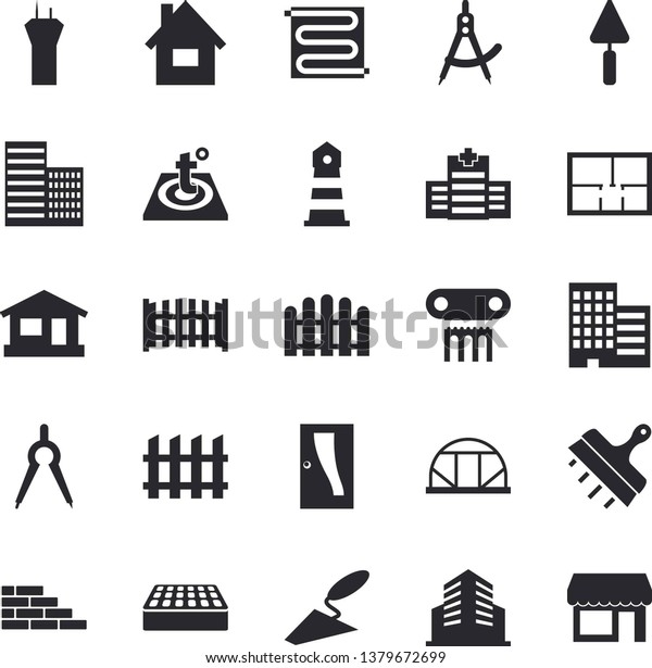 Solid vector icon set - house flat vector, brick\
wall, trowel, layout, Entrance door, skyscraper, putty knife,\
fence, warm floor, greenhouse, dividers, lighthouse, office\
building, airport tower
